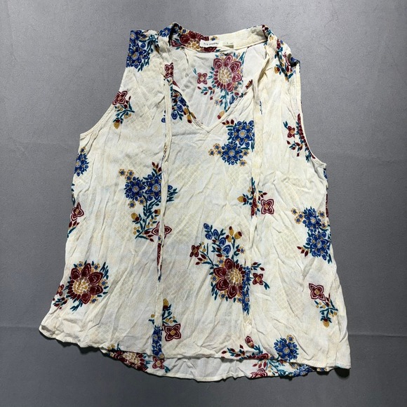 Blu Pepper Tops - Blu Pepper Floral Sleeveless Blouse Cream Blue V-Neck Rayon Top BA6964 L
